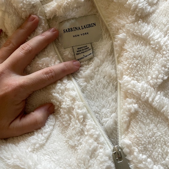 Fleece Cozy Jacket Hoodie Teddy Fur Cream Quilted Winter Zip-Up Sweater Furry, L - Picture 4 of 7